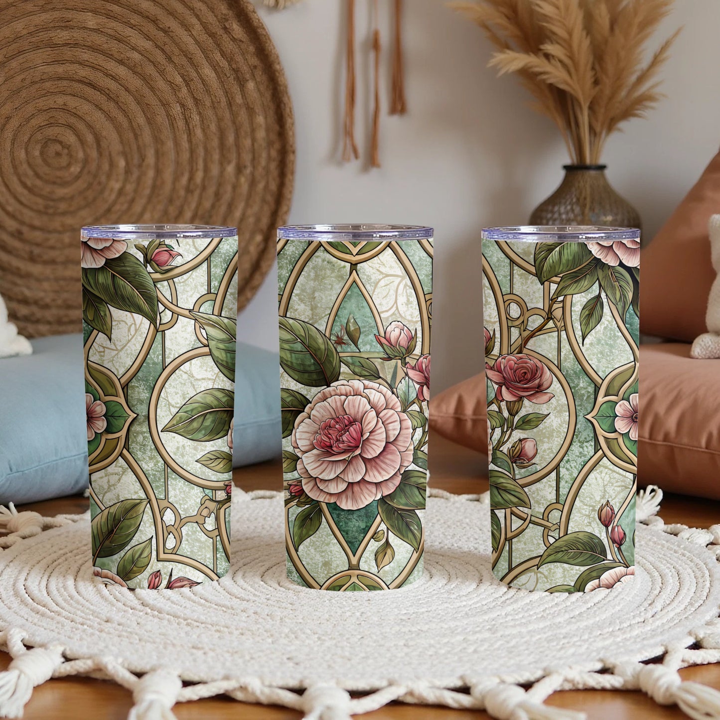 Ornate Floral Pattern In Stained Glass Style 20 oz Skinny Tumbler - Walk Greener
