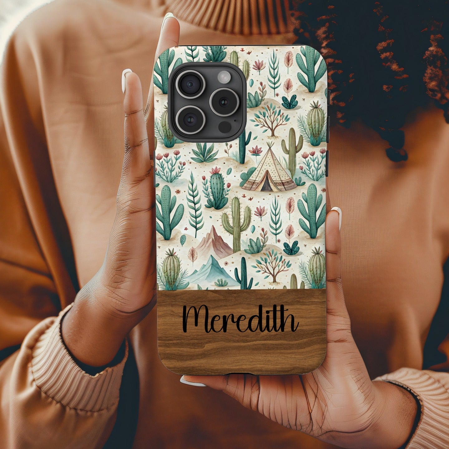 Desert Scene With Cacti Mountains and Tent Custom Phone Case - Walk Greener