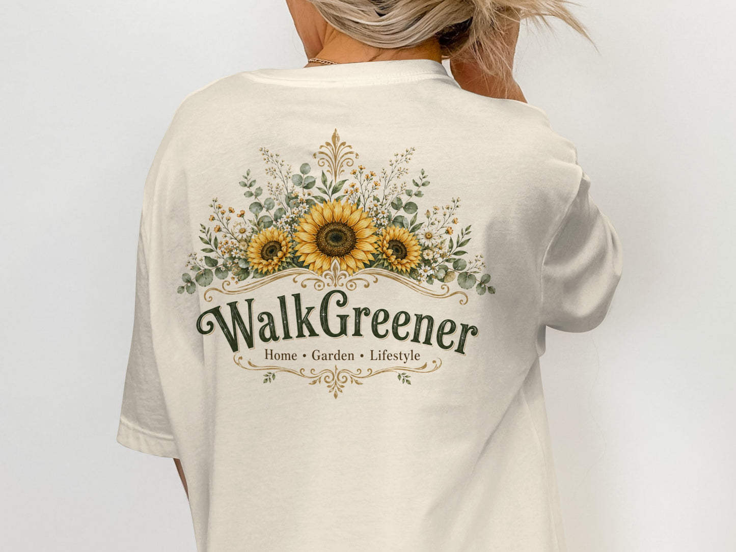 Cream t-shirt with floral design and "WalkGreener Home Garden Lifestyle" text.