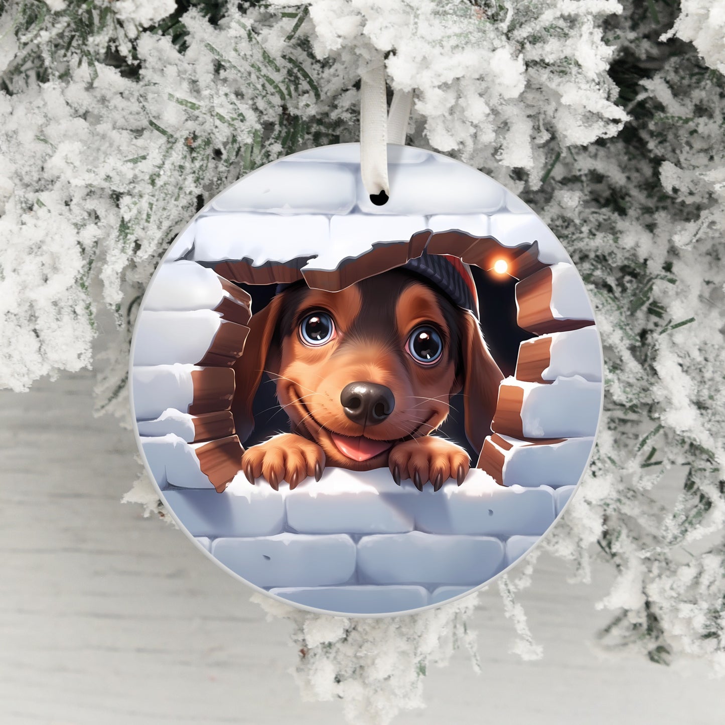 Cute Dog Peeking Through Wall Design Ornament product