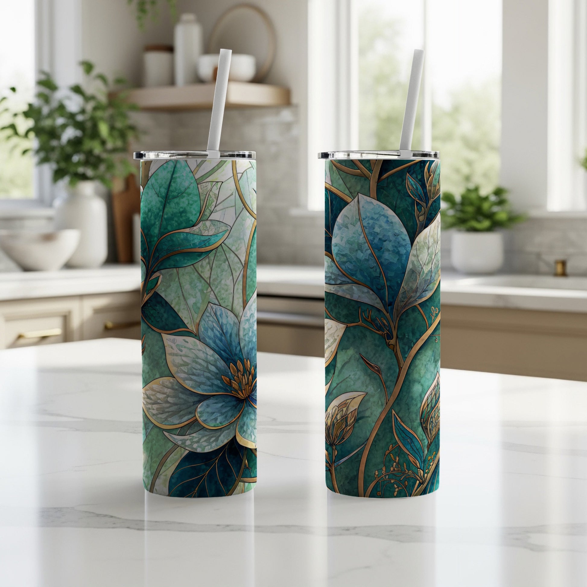 Teal And Gold Floral Watercolor Pattern 20 oz Skinny Tumbler - Walk Greener