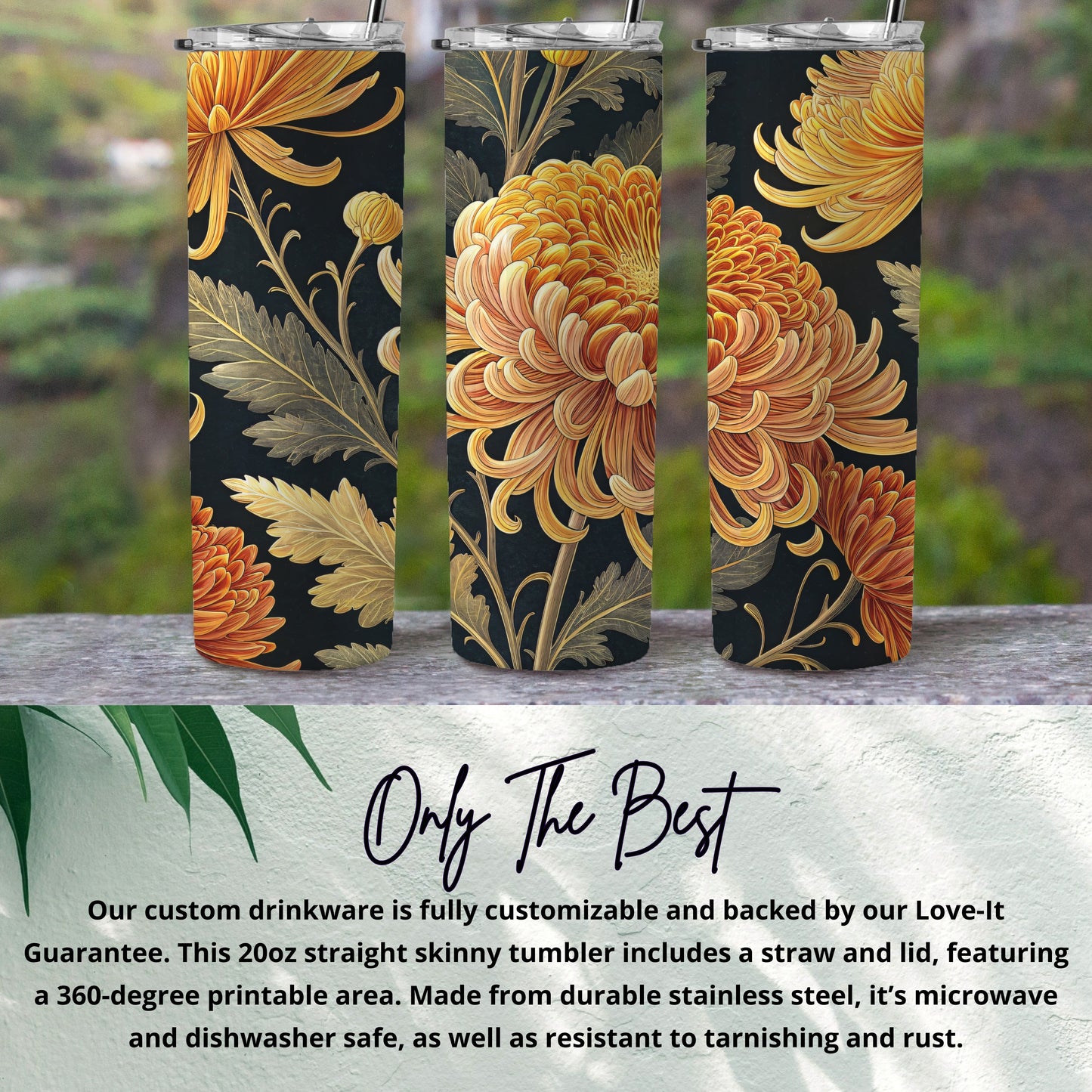 Floral Design Insulated 20oz Skinny Tumbler with Straw