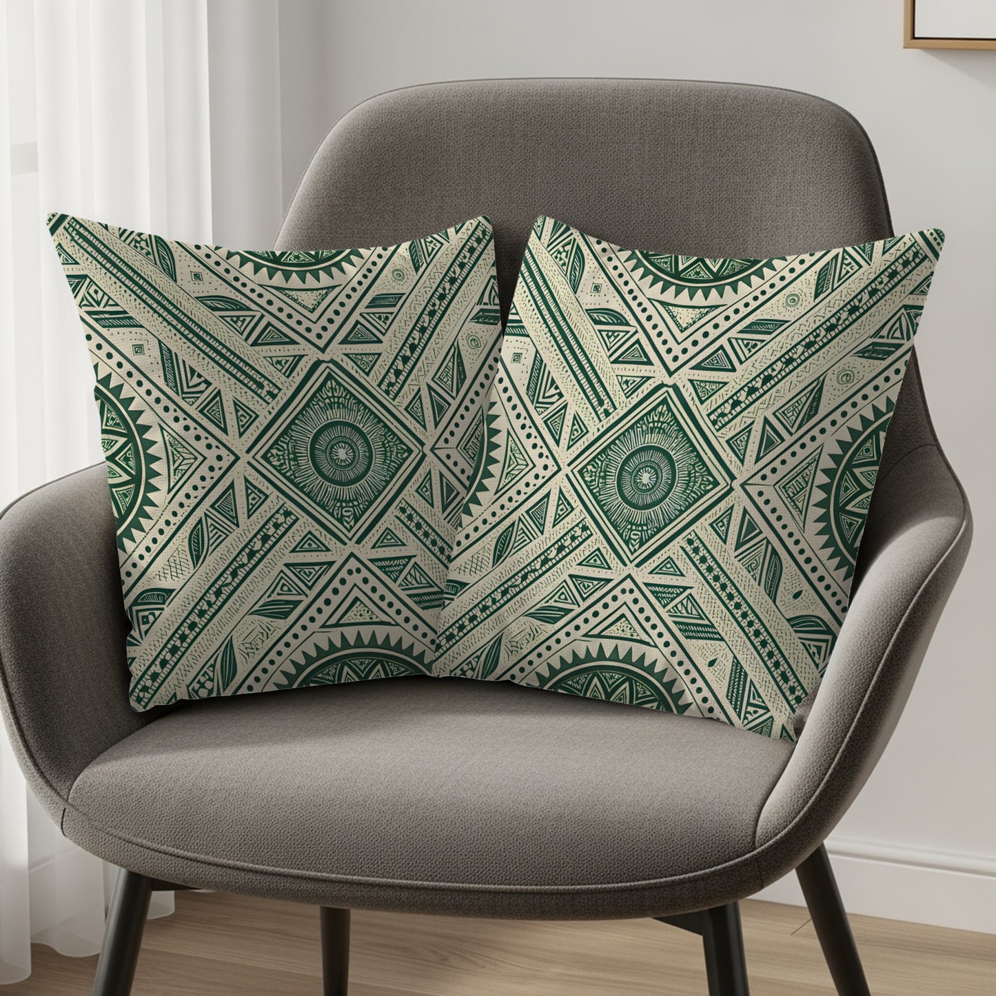 Geometric Pattern Green and White Throw Pillow Set