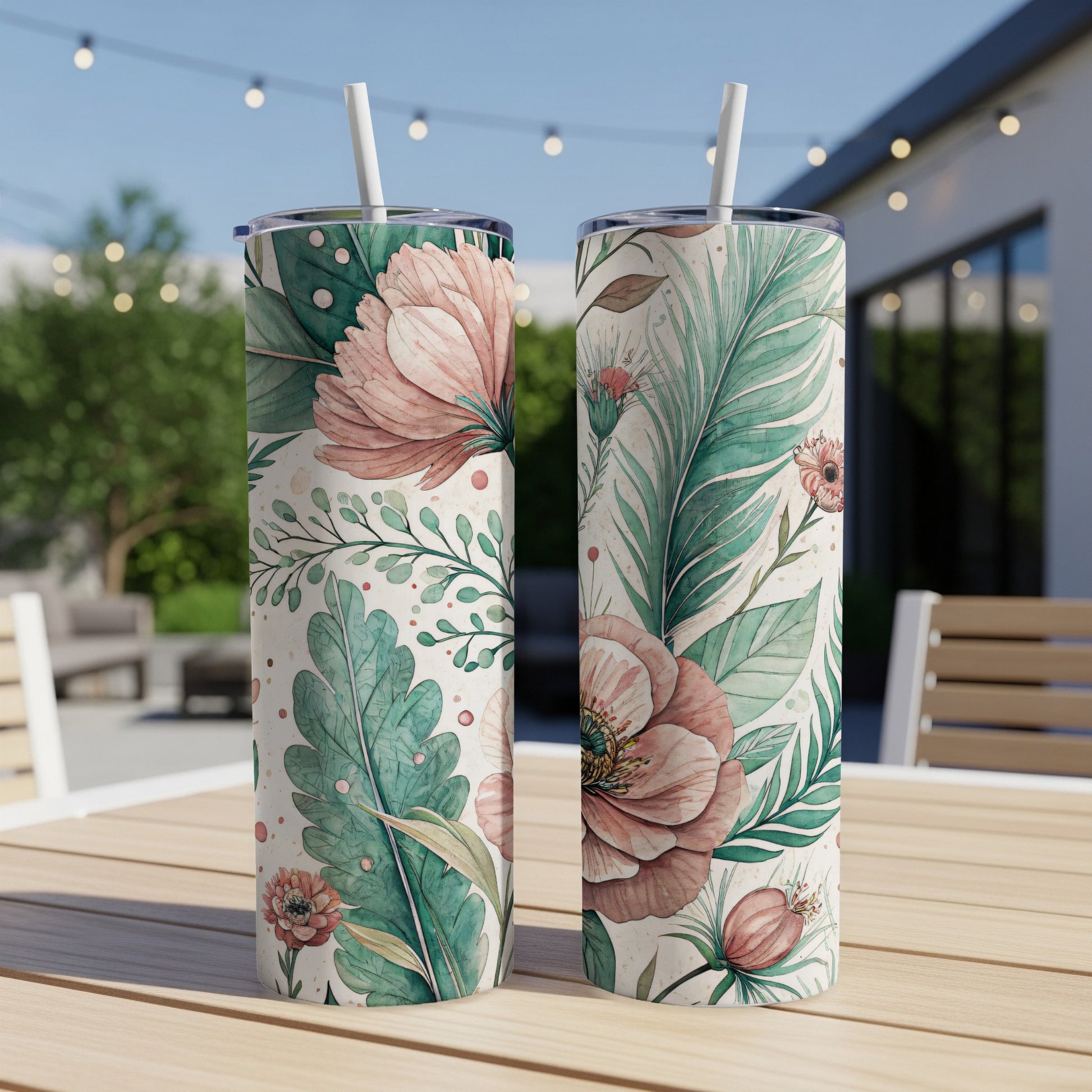 Elegant Pink Flowers with Leaves Floral Design 20 oz Skinny Tumbler - Walk Greener