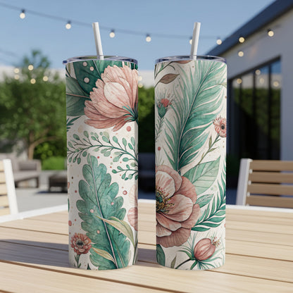Elegant Pink Flowers with Leaves Floral Design 20 oz Skinny Tumbler - Walk Greener