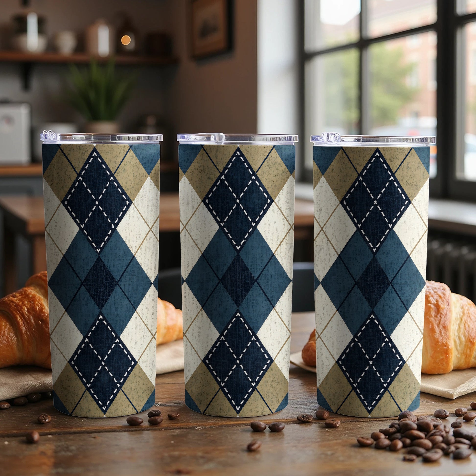 Blue Beige and White Argyle Plaid Patterned Design Tumbler - Walk Greener