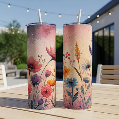 Watercolor Floral Field On Light Pink 20 oz Skinny Tumbler - Walk Greener