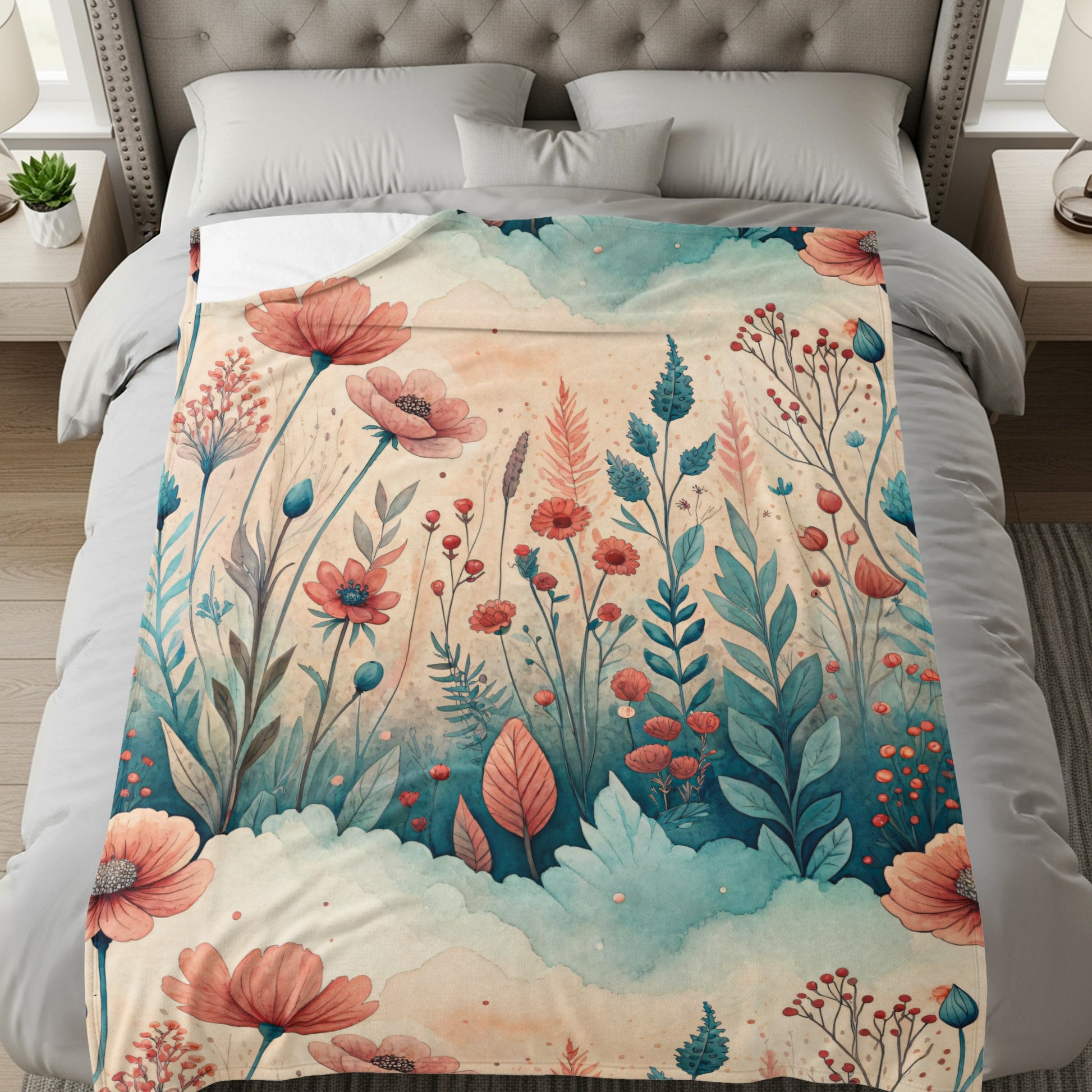 Watercolor Floral Meadow Peach Blossoms and Blue Sprigs - Walk Greener