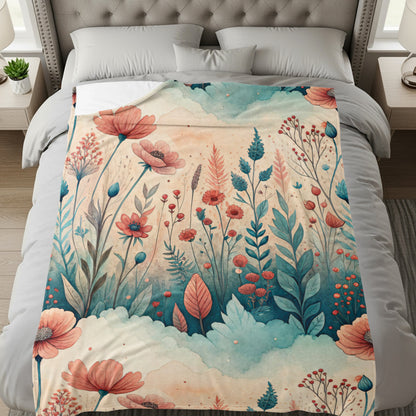 Watercolor Floral Meadow Peach Blossoms and Blue Sprigs - Walk Greener