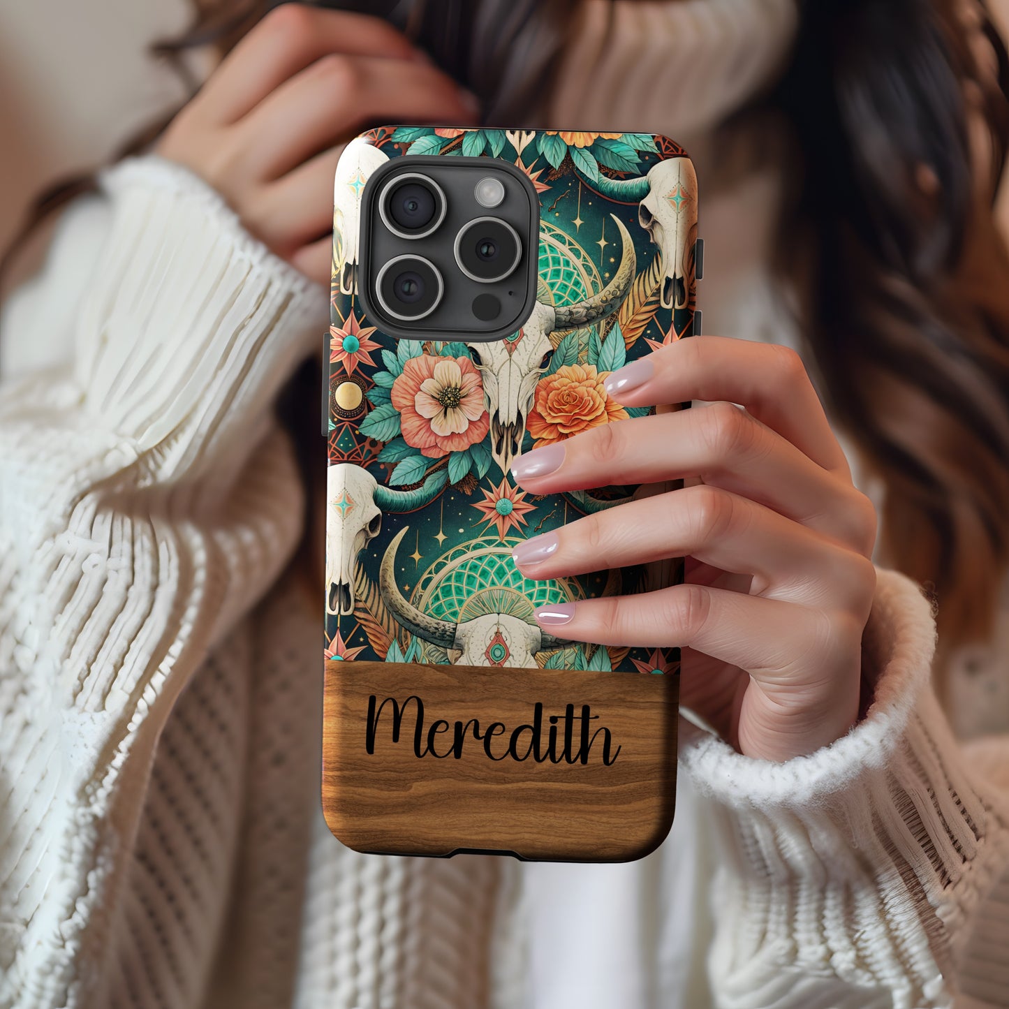 Boho Skull Floral Pattern With Custom Name Initial Phone Case - Walk Greener