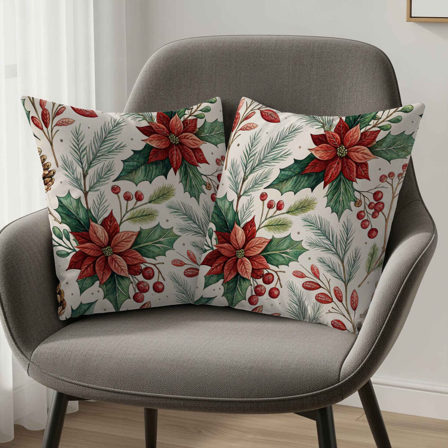 Festive Red Poinsettia and Holly Decorative Pillow Set