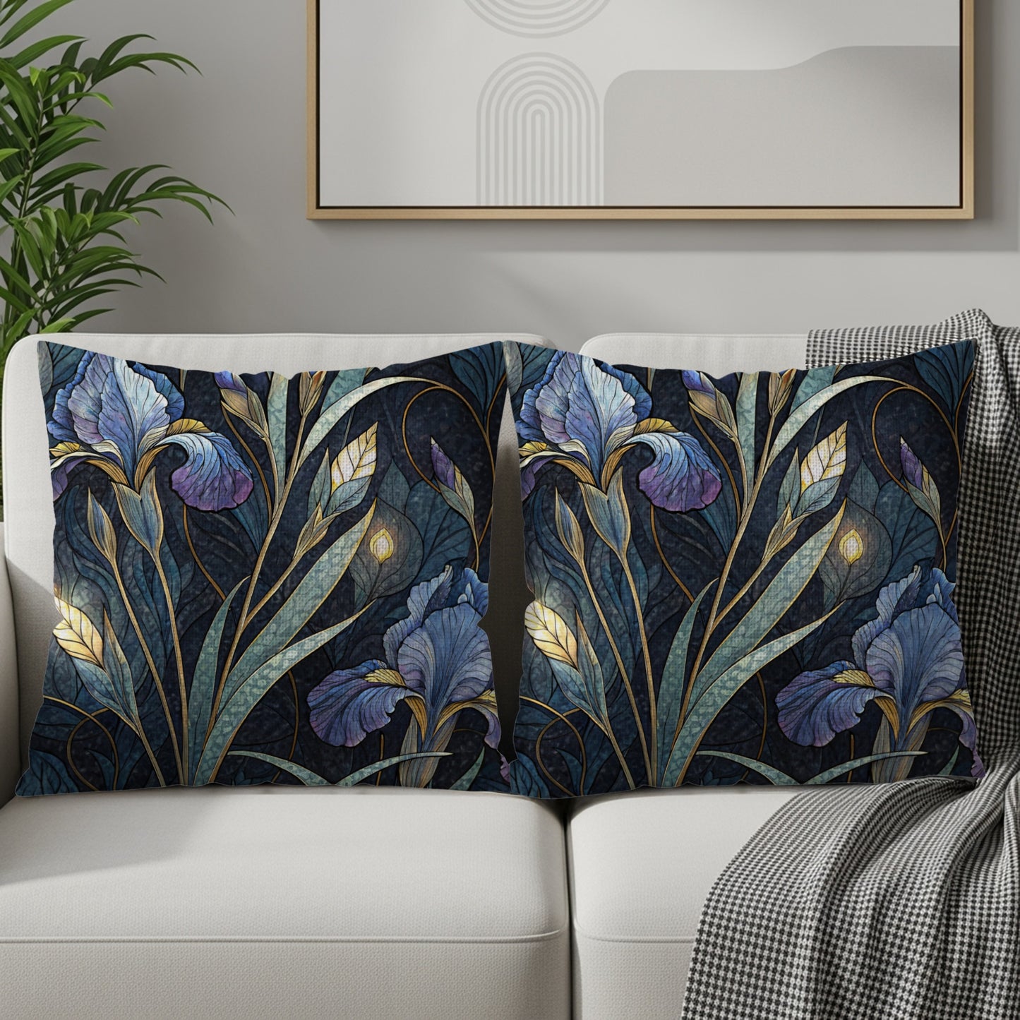 Elegant Iris Floral Pattern in Blue and Gold Throw Pillows - Walk Greener