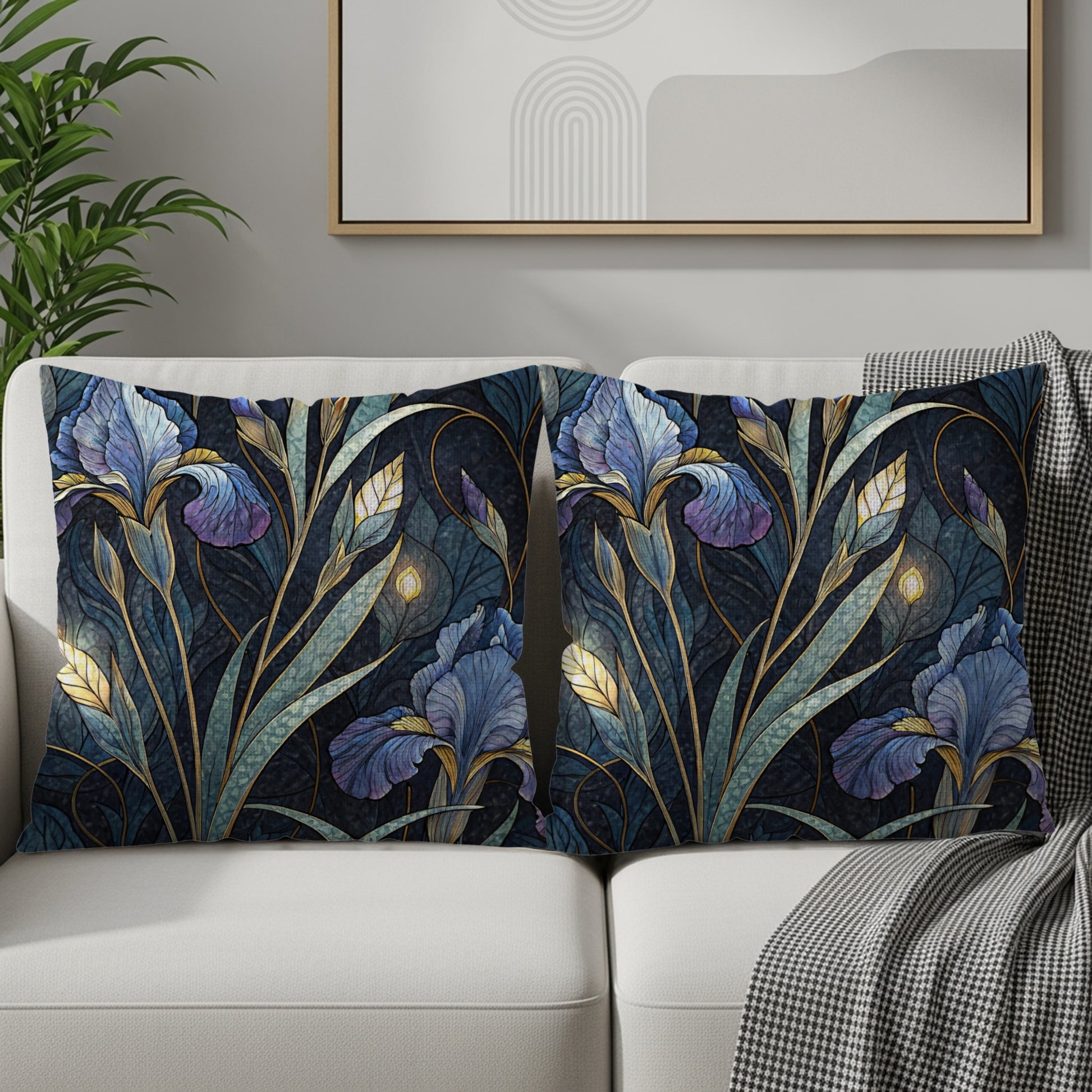 Elegant Iris Floral Pattern in Blue and Gold Throw Pillows - Walk Greener