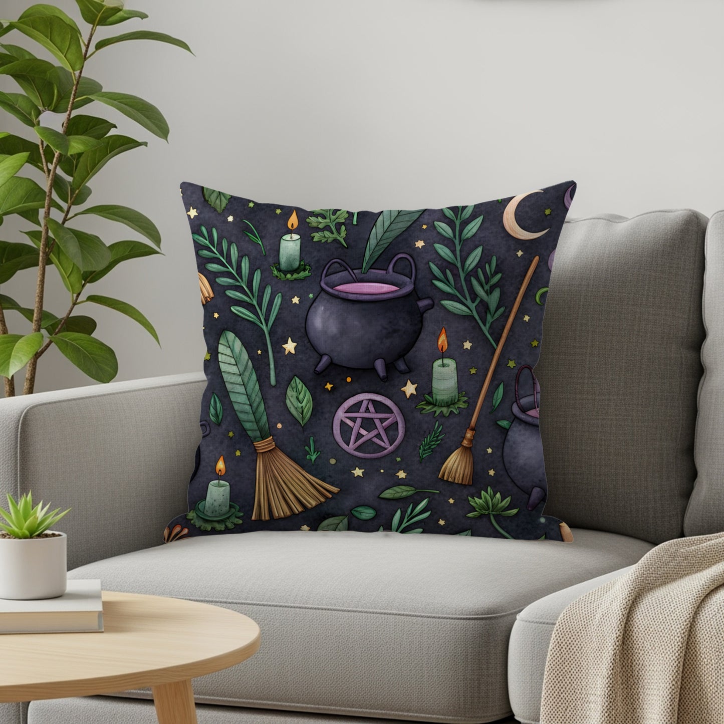 Witchcraft Pattern With Cauldron Moon Stars Pentagrams Throw Pillows - Walk Greener