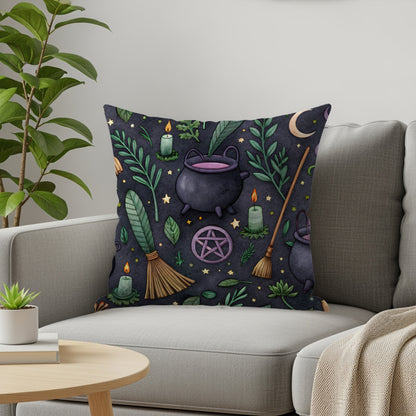 Witchcraft Pattern With Cauldron Moon Stars Pentagrams Throw Pillows - Walk Greener