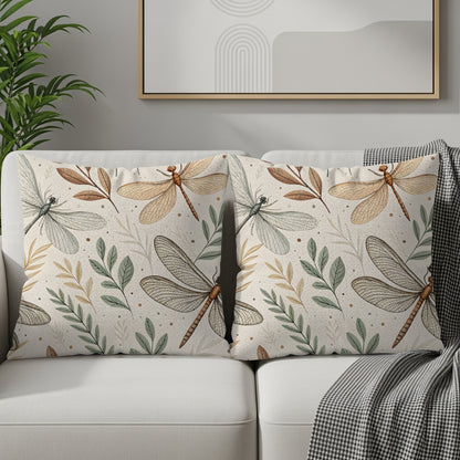 Back view of the dragonfly botanical throw pillow showing the beige zipper closure